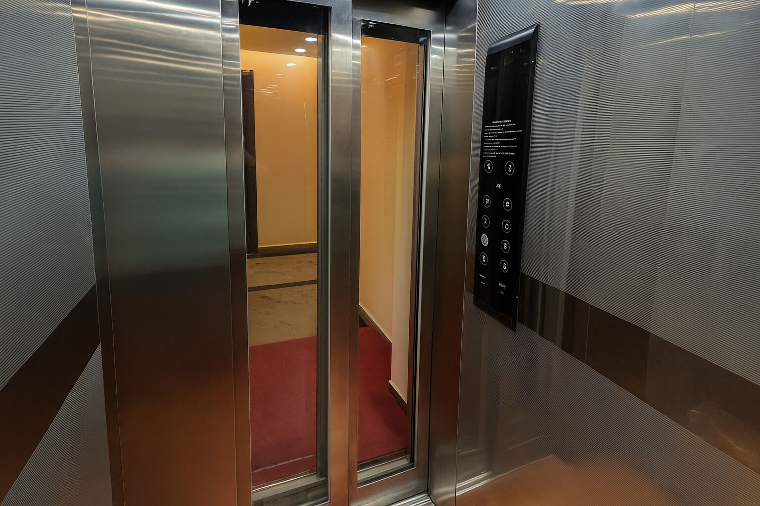 An elevator interior with metallic walls, a red carpet, and a control panel with buttons.