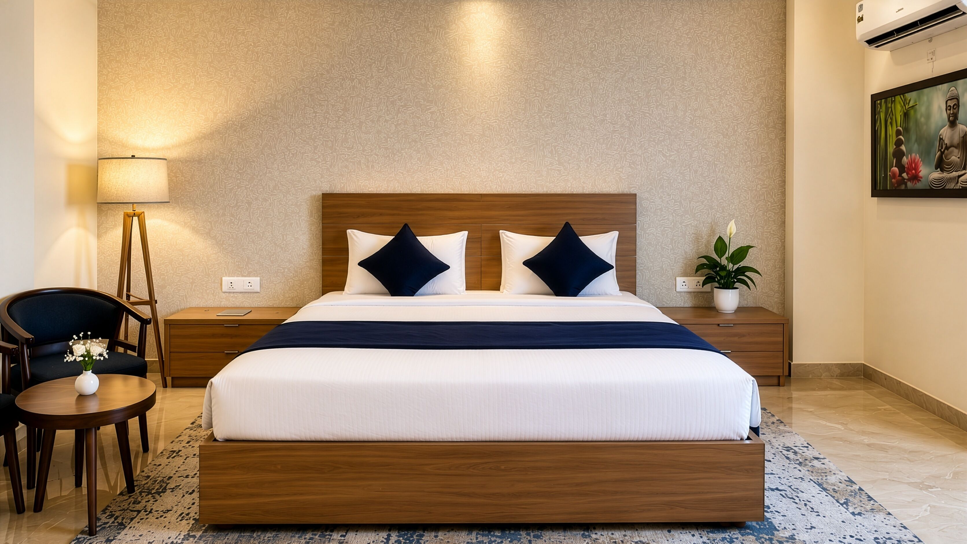 Habitación de hotel con una cama de madera, dos mesitas de noche, un escritorio con una silla, una lámpara y una planta en maceta.