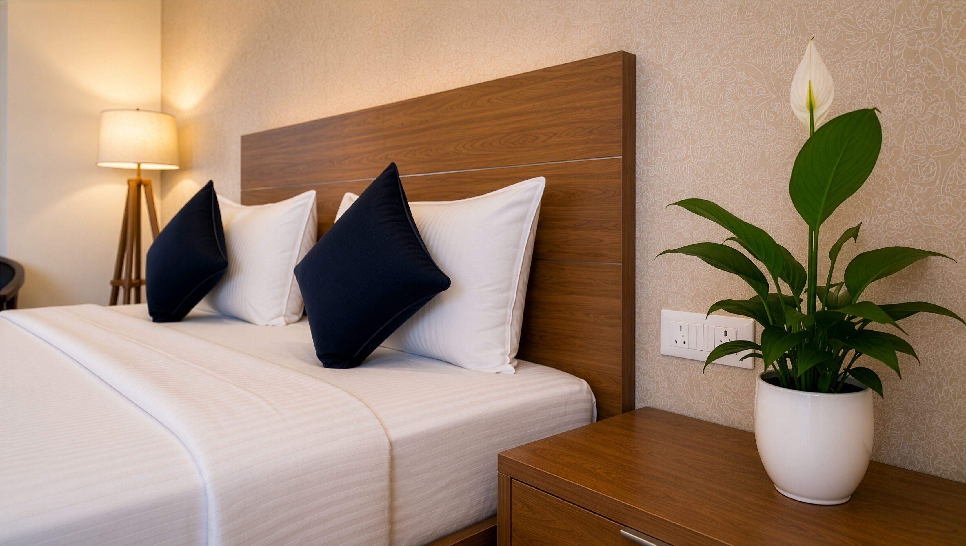 A neatly made bed with white bedding and dark pillows, a wooden headboard, a bedside table with a potted plant, and a lamp in the background.