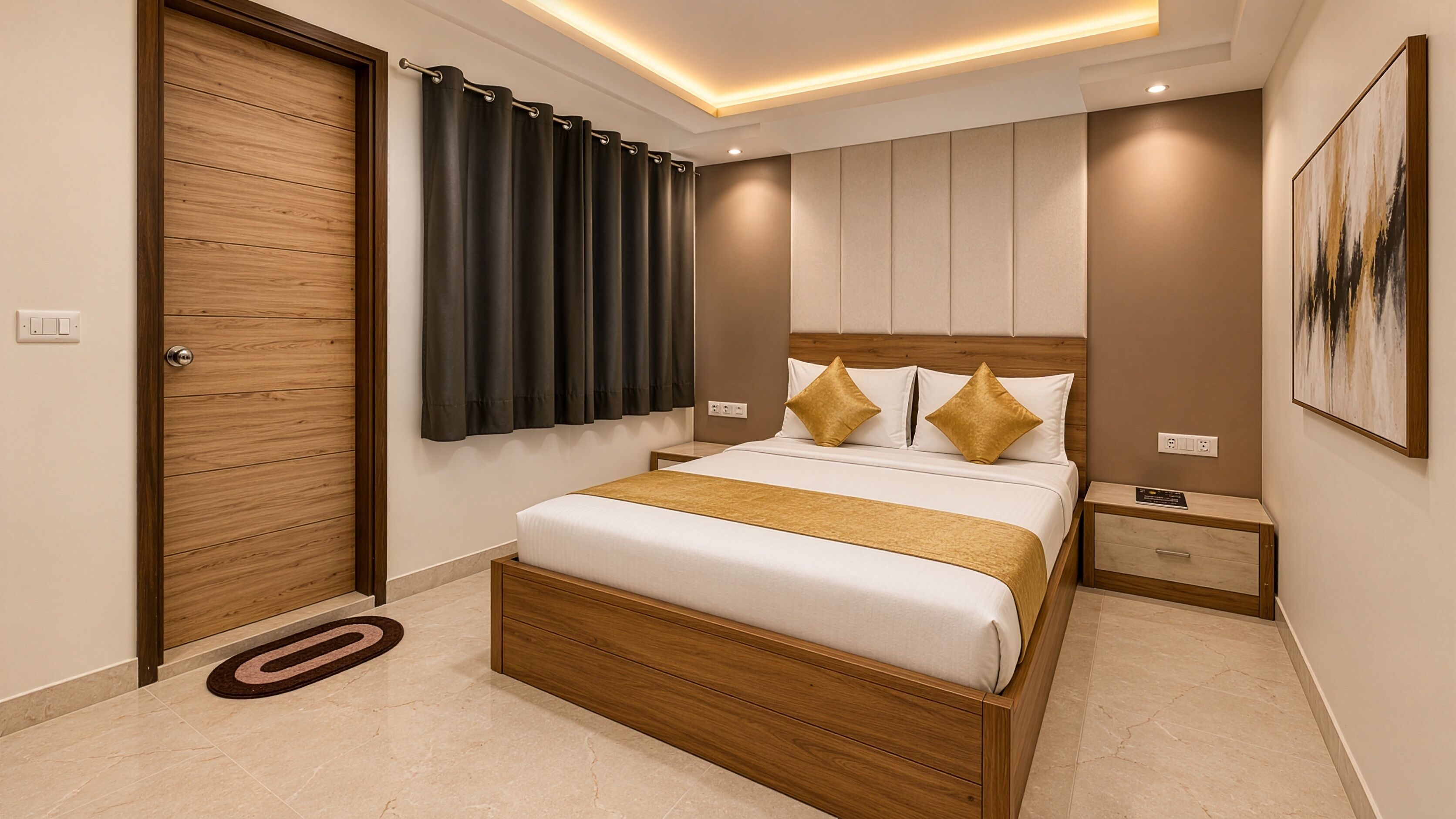 A modern hotel room with a wooden bed, a nightstand, a wall-mounted TV, and a door with a curtain.