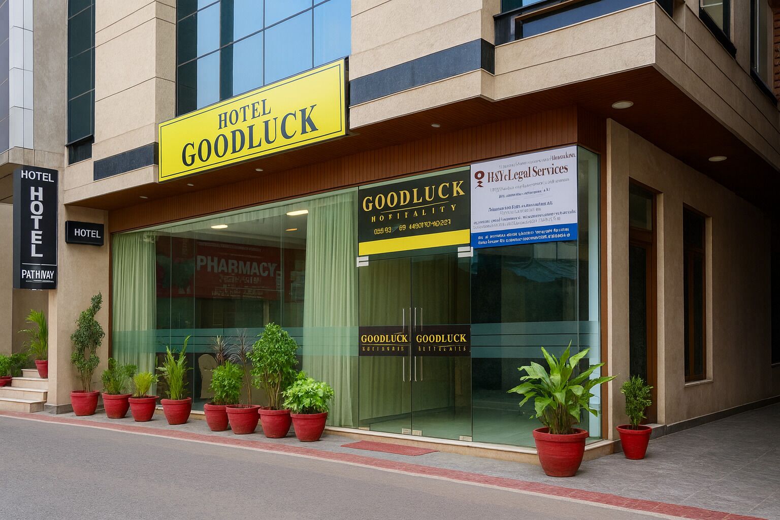 The exterior of Hotel Goodluck, featuring a modern facade, a visible pharmacy sign, and multiple potted plants at the entrance.
