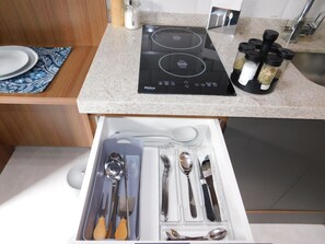 Fridge, microwave, stovetop, coffee/tea maker