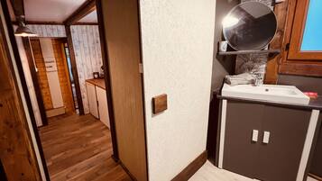 A narrow hallway leading to a kitchen area with a wooden floor, a white sink, and a mirror above it.