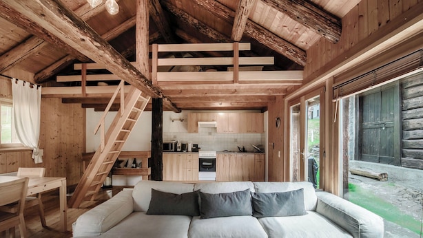 Chalet, patio | Aire de séjour | Téléviseur à écran plat de 32 po avec télévision par satellite