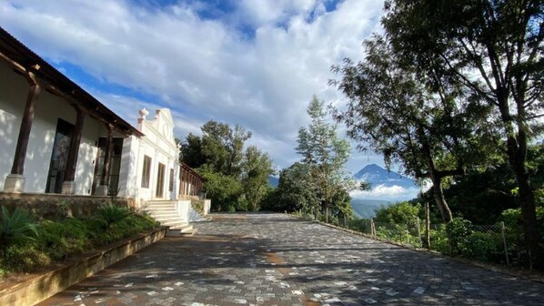 Un sendero pavimentado que conduce a un edificio de fachada blanca y base de piedra.