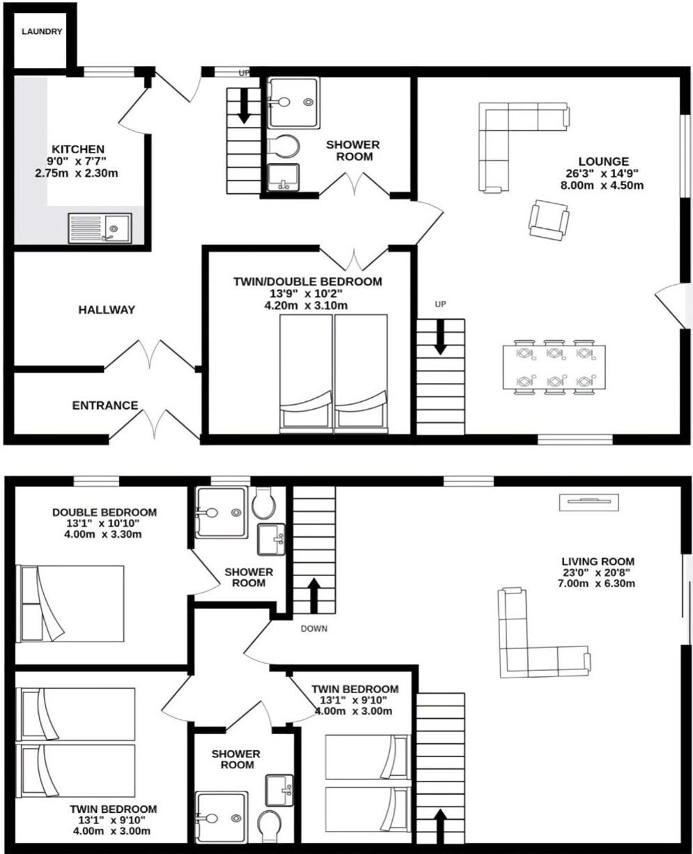 A floor plan with a kitchen, double bedroom, twin bedroom, shower room, lounge, and living room.