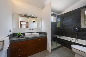 Hair dryer, towels, soap, shampoo