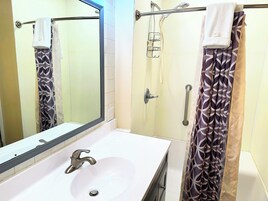 Basic Apartment | Bathroom | Combined shower/tub, rainfall showerhead, free toiletries, towels