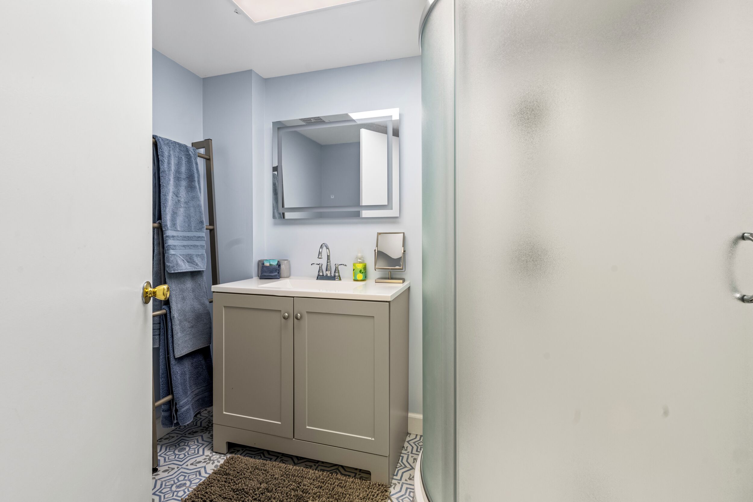 Hair dryer, towels, soap, shampoo