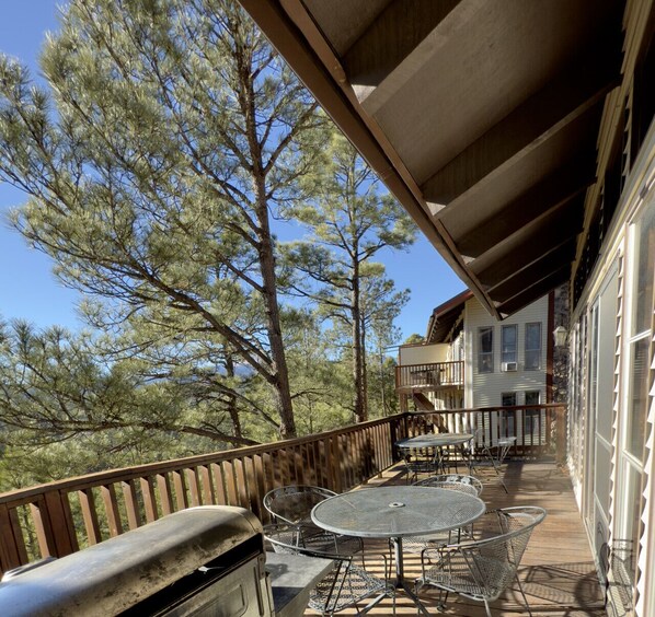 Une terrasse en bois, aménagée avec du mobilier d’extérieur, qui offre une vue sur une zone boisée.