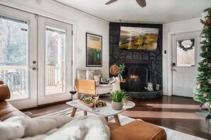 Smart TV, fireplace, books