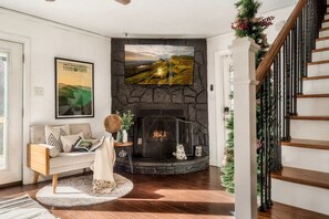 Smart TV, fireplace, books