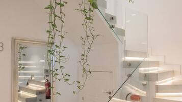 A modern interior with a glass staircase, a large mirror, and hanging plants.