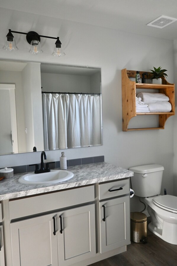 A bathroom with a sink, mirror, and toilet. There is a wooden shelf above the toilet with towels and a plant. - Ultimate Sports & Relaxation Retreat – Private Courts & Large Yard (Nampa)