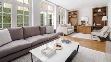 Smart TV, caminetto, libri, impianto stereo