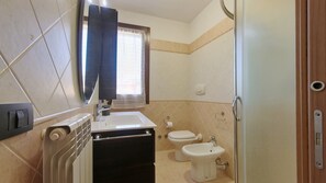 Shower, hair dryer, bidet, towels