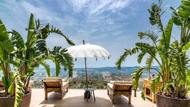 A terrace with two wooden lounge chairs, a white umbrella, and potted plants.
