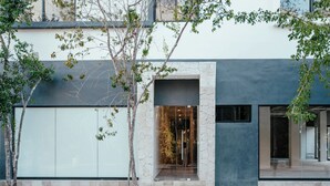 A modern building with a glass entrance, stone steps, and a minimalist design. - Elegant Loft in Tulum with Pool & Gym (Tulum)