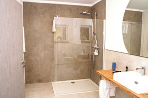 Douche, séchoir à cheveux, serviettes fournies, savon