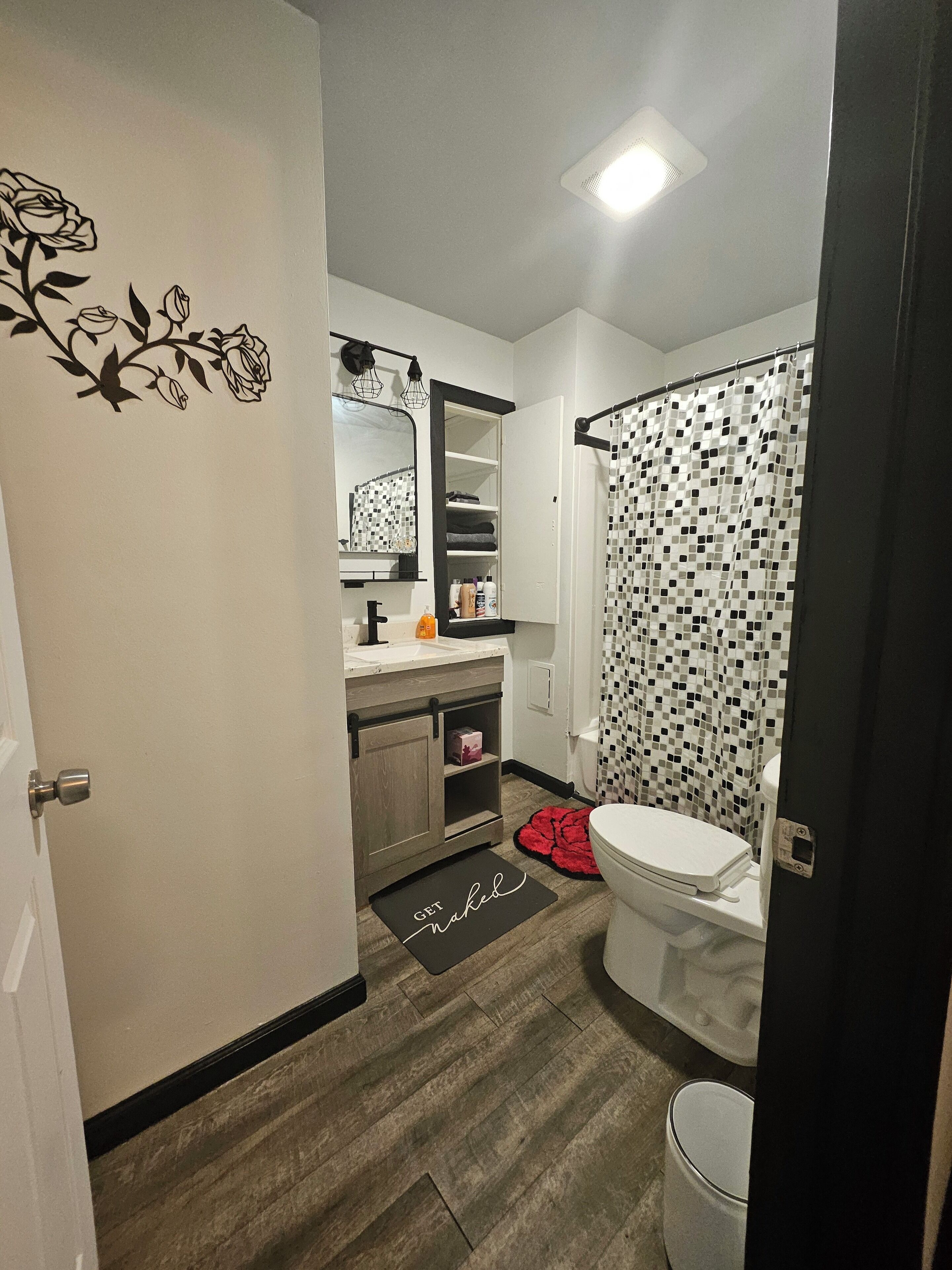 Hair dryer, towels, soap, toilet paper