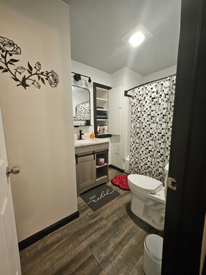 Hair dryer, towels, soap, toilet paper