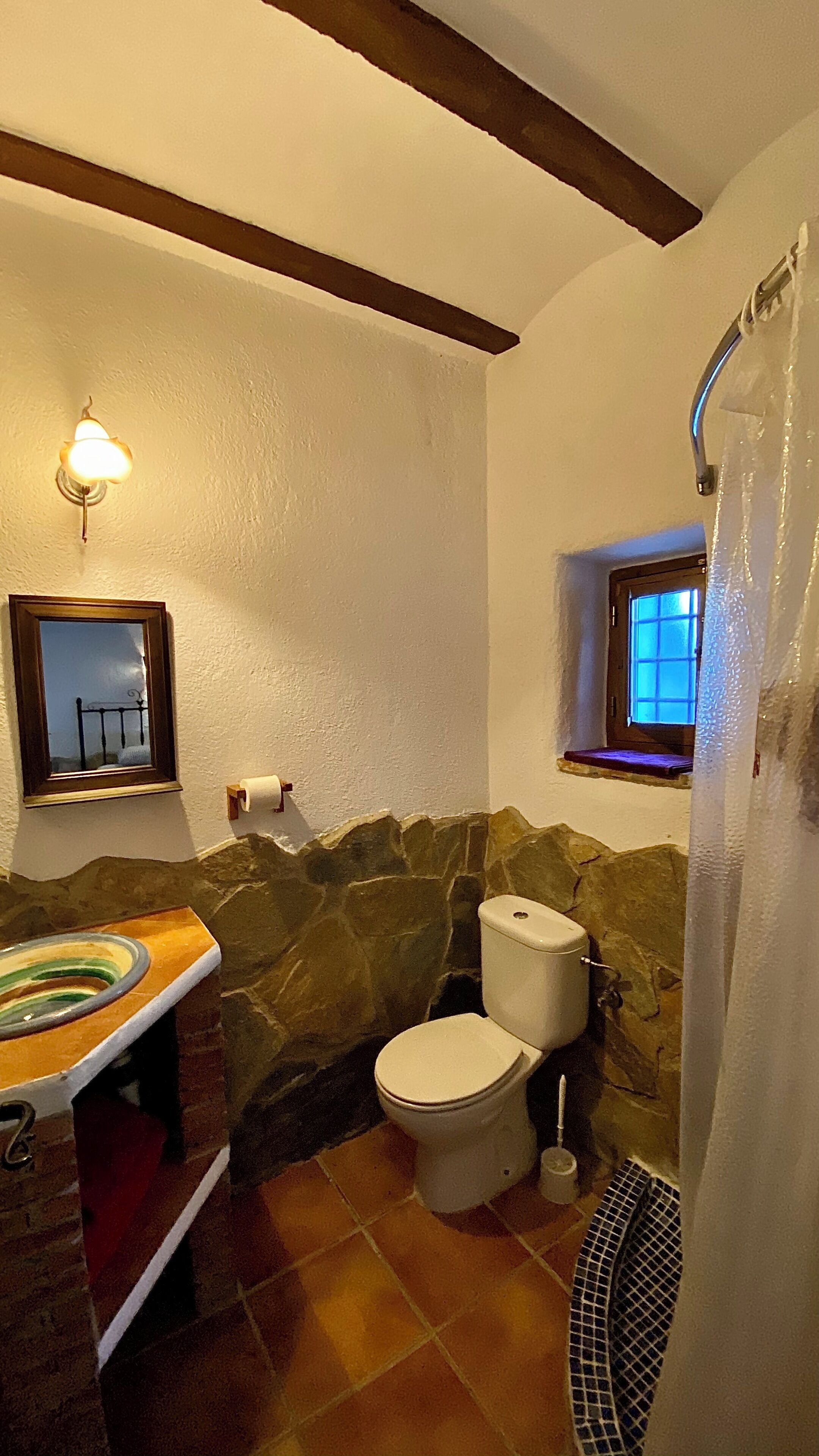 Une salle de bain avec un mur en pierre, un meuble-lavabo en bois, des toilettes et un rideau de douche.