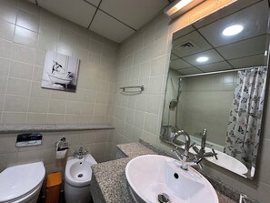 Hair dryer, bidet, towels, soap