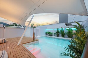 A modern rooftop pool area with a wooden deck, a glass barrier, and potted plants.