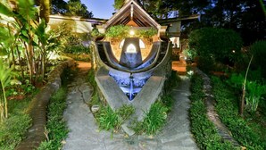 A stone water feature with a central fountain, surrounded by greenery and a pathway.
