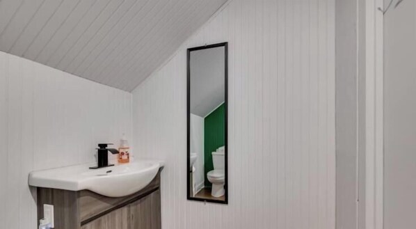 A bathroom with a white sink, a mirror, and a green wall. - Hôtel victoria (Saint-Pascal)