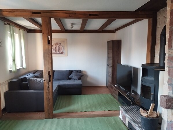 A cozy living room with a sofa, a television, and a fireplace. - Vacation apartment Wechterswinkel (Bastheim)