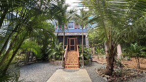 Een tropisch resort met een houten trap die naar een gebouw leidt, omringd door dichte palmbomen en een grindpad.