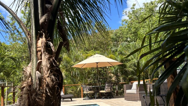 Piscina com borda em azulejo, rodeada por vegetação exuberante e um espaço de estar ao ar livre com móveis.