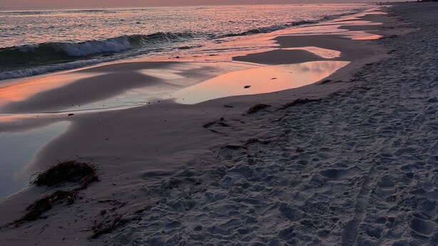 A beach with a sunset, waves, and a distant shoreline. - Walk to beach, restaurants, & shopping. Charming, pet-friendly 3BR bungalow.  (Dauphin Island)