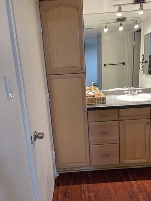 Hair dryer, towels, soap, shampoo