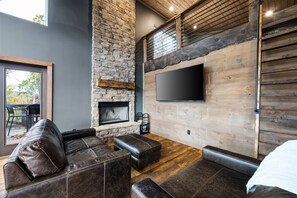 Smart TV, fireplace, foosball