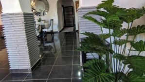 A hallway with black tiled flooring, white walls, and a large potted plant. - Villa Dar sukar  (Marrakech)