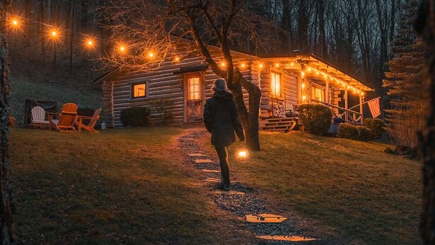 Una cabaña de troncos con luces colgantes, un porche y una bandera.