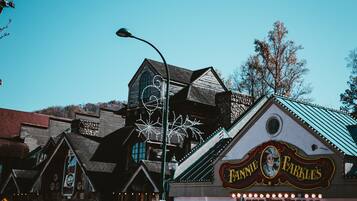 A building with a sign for 'Fanny's Family Fun Parlor' and a large beer bottle advertisement.
