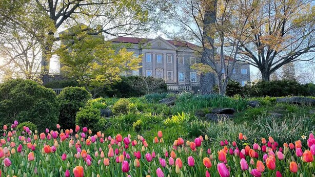 Ein großes Gebäude mit rotem Dach, umgeben von einem gepflegten Garten mit verschiedenen Tulpen.