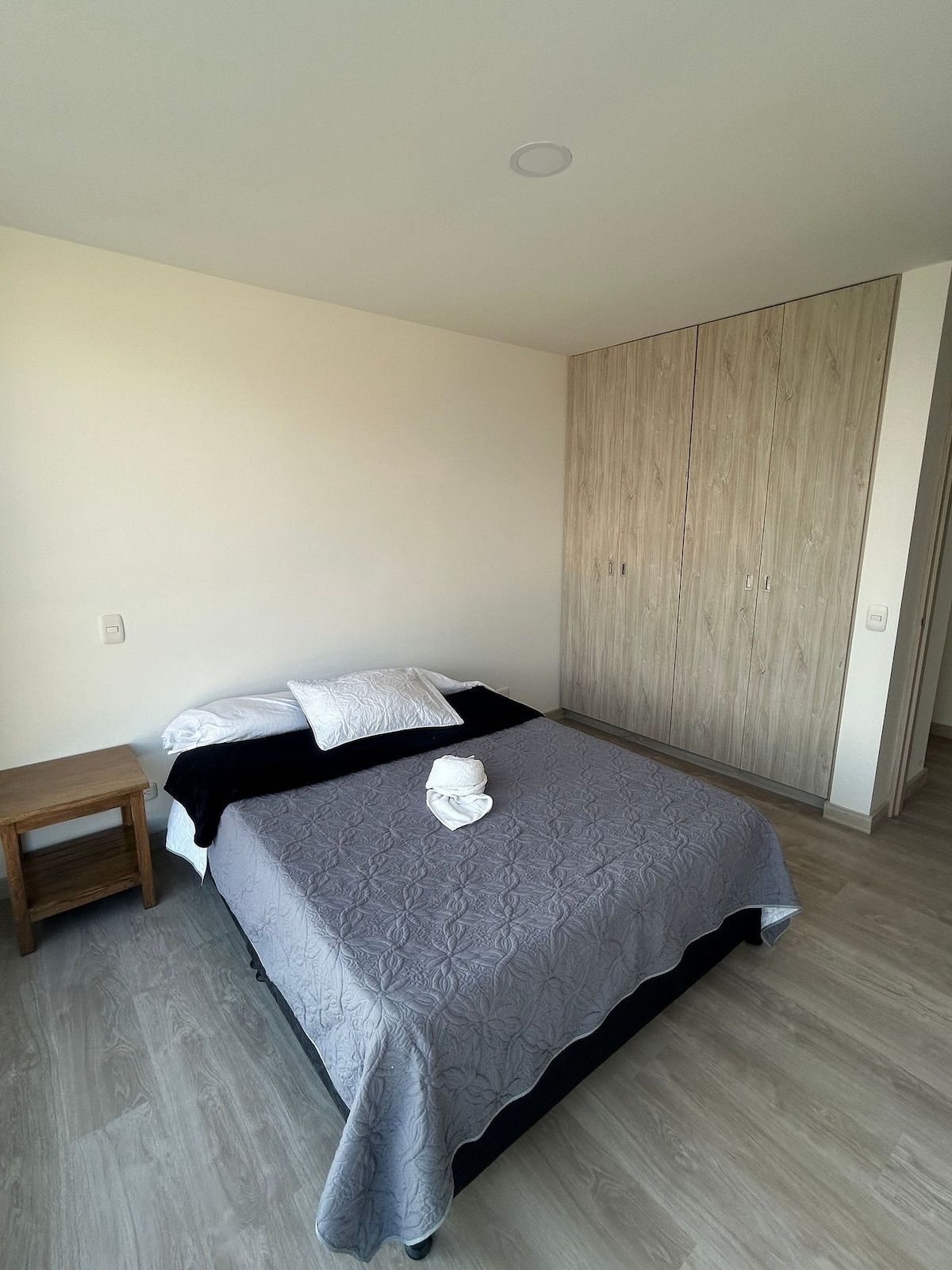 A bedroom with a bed, bedside table, and a wardrobe.
