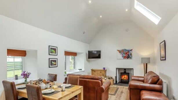 A spacious living room with a fireplace, a dining area with a table and chairs, and a large window with a view of the outdoors.