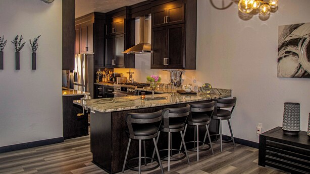 A modern kitchen with dark cabinetry, a large island with bar stools, stainless steel appliances, and a contemporary light fixture. - Luxury Meets Historic @ The Luxe Loft - AMAZING LOCATION! (Algoma)