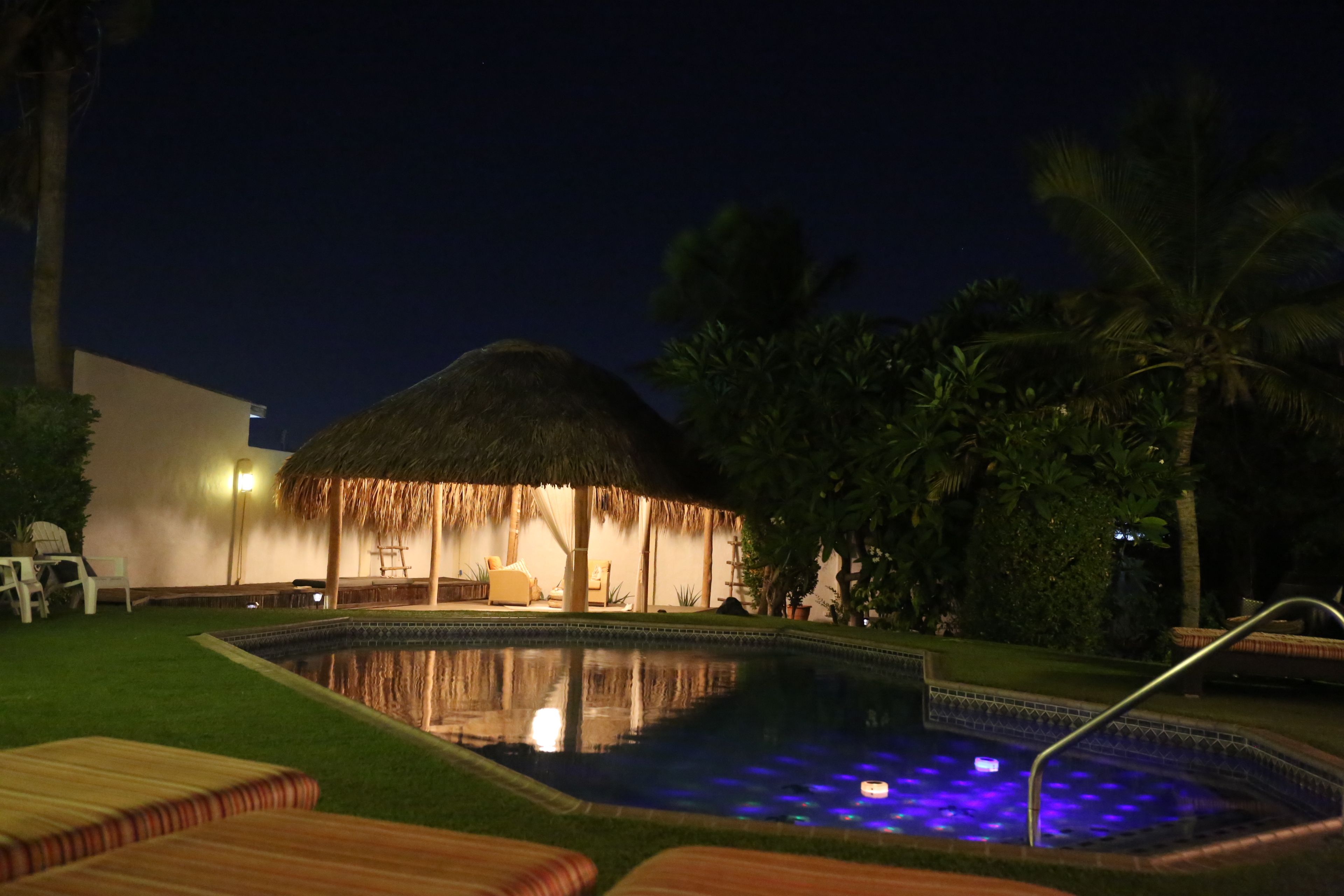 A pool area with a thatched-roof structure, lounge chairs, and palm trees.