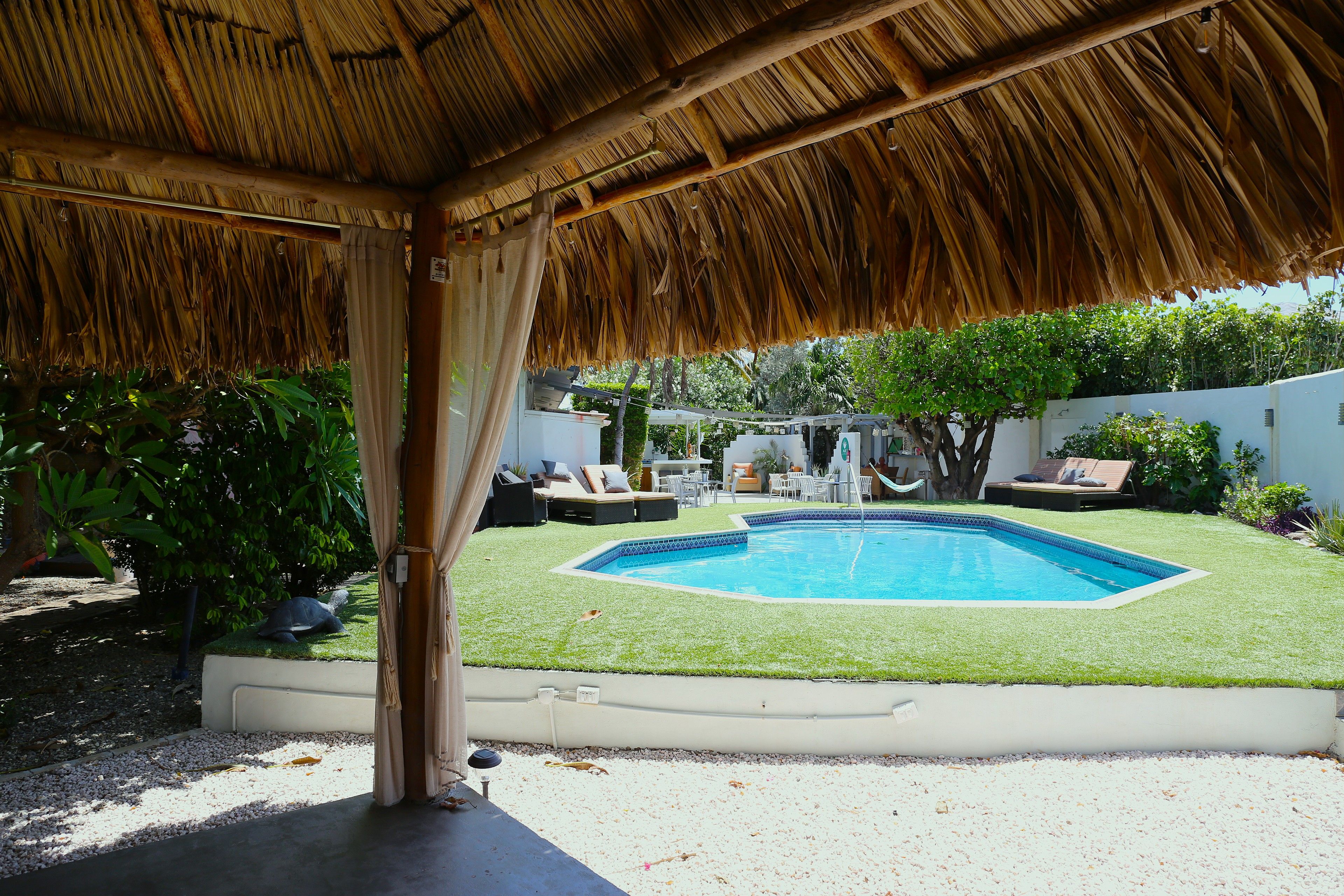 A pool area with a thatched roof, a small pool, and surrounding greenery.