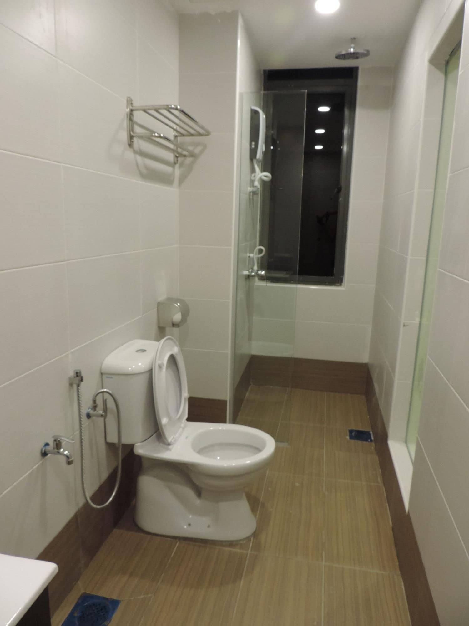 A bathroom with a toilet, a shower, and a glass-enclosed shower stall.