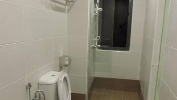 A bathroom with a toilet, a shower, and a glass-enclosed shower stall.