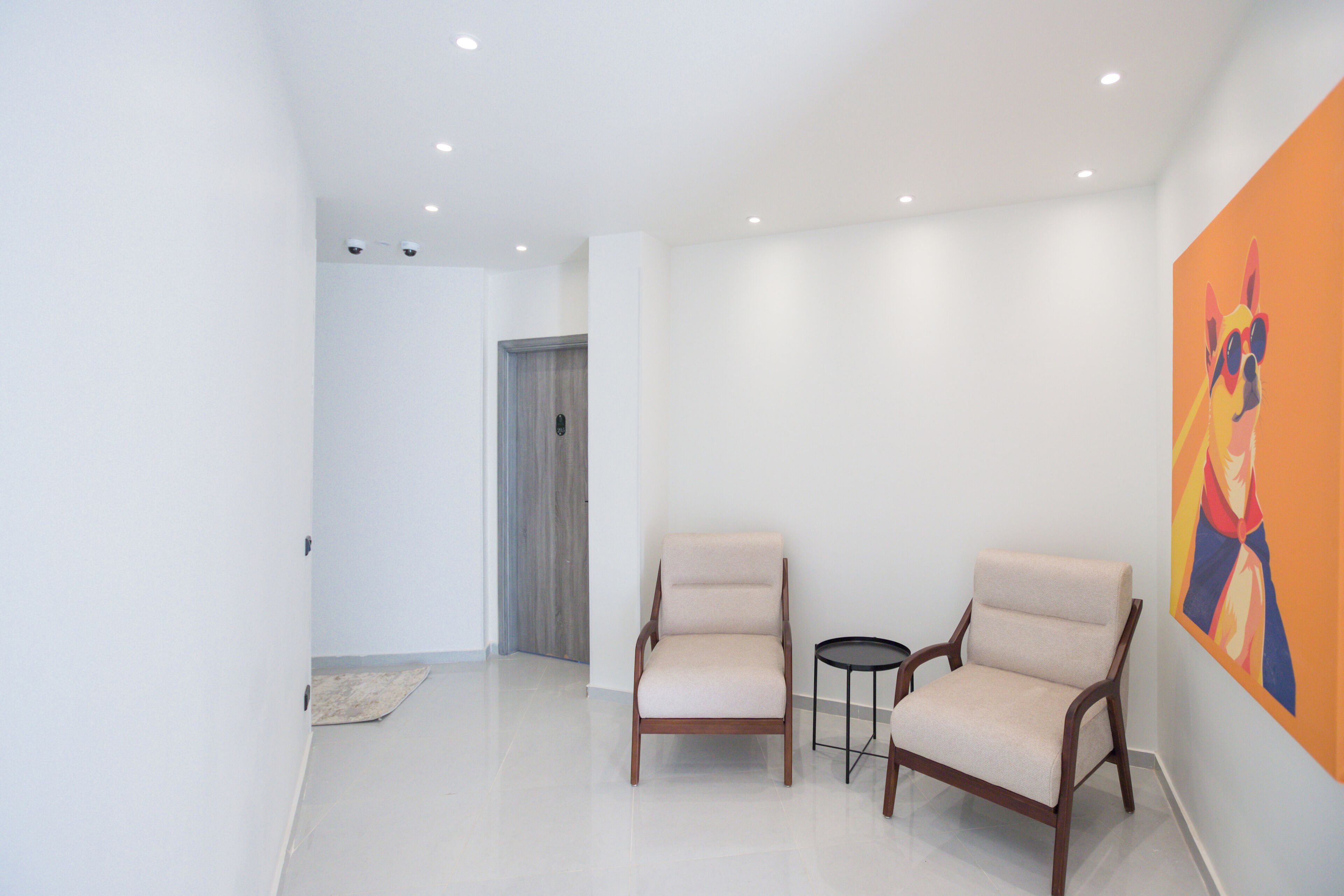Un pasillo moderno y bien iluminado con dos sillones beige, una pequeña mesa redonda y un cuadro de colores en la pared.