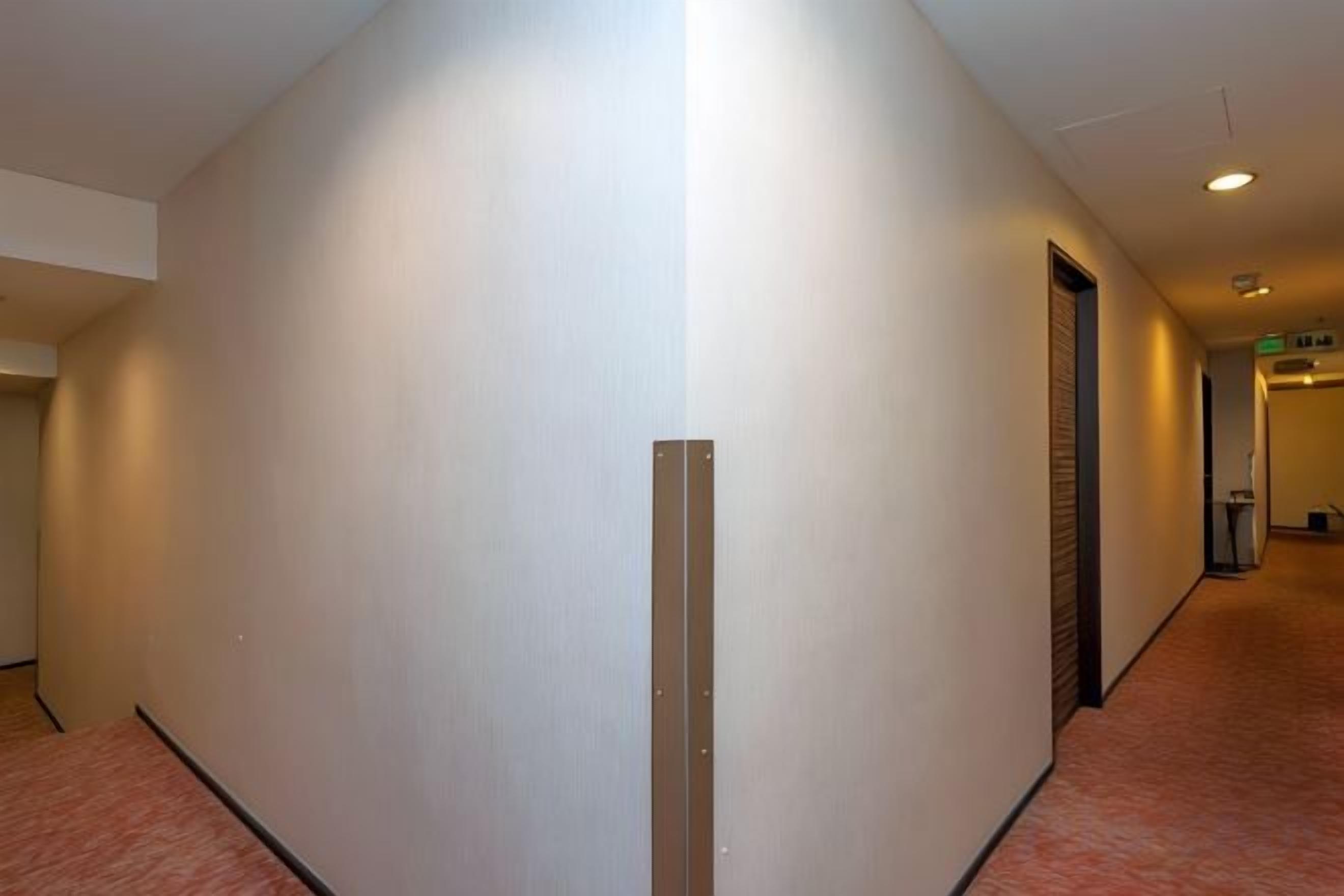 A hallway with a carpeted floor, a door on the right, and a light fixture on the ceiling.