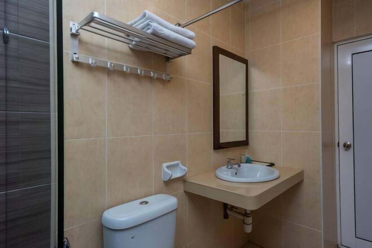Een badkamer met toilet, wastafel, spiegel, handdoekhouder en douche.